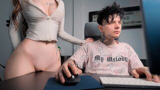 A girl rubs her pussy on the table and fucks herself with a cock