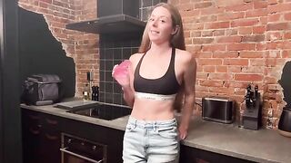 A beautiful woman got a hard cock in her kitchen for rewarding