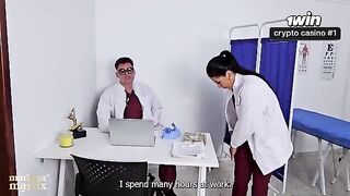 A medical exam turns into a passionate threesome in the hospital