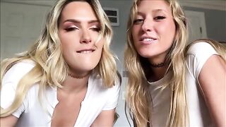 Two girls share the same strong cock in their holes