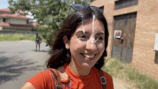 A slutty girl gets a huge cumshot on her face