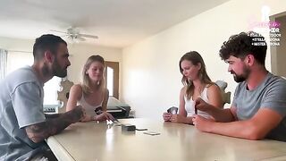 A couple swaps their wife with friends during a card game, ending with a hot foursome