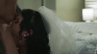 A brunette with a tattoo licks her boyfriend's cock slowly and painfully long