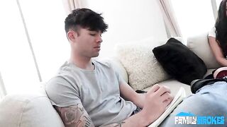 A brunette woman greedily sucks cock, almost choking on her own spit