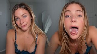 A girl has a thread of saliva stretching to the floor while deepthroating