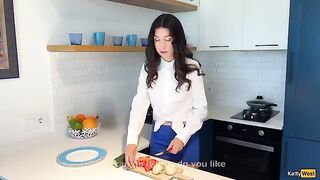 Babe Katty West gets fucked in the kitchen, he grabbed her by the neck