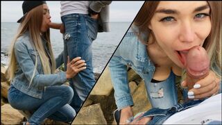 A man received a passionate blowjob from a cute girl in nature