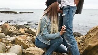 A man received a passionate blowjob from a cute girl in nature