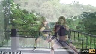 A cute Asian girl, Jasmine J, gets fucked by a machine on the balcony