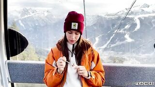 Naughty beauty has sex with a stranger in the mountain cableway, captured in POV style