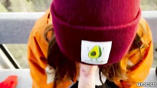 Naughty beauty has sex with a stranger in the mountain cableway, captured in POV style
