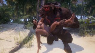 Big-boobed girl gets her pussy railed by two monsters in a wild 3D scene