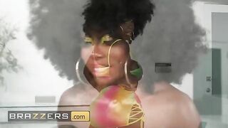 Ebony Mystique shares her skincare routine and gets fucked by two cocks